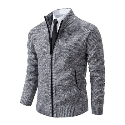 Autumn And Winter New Jersey Men's Casual Sports Coat Solid Color Stand Collar Wweater Grab Fleece Warm Zipper Cardigan - Smarsty
