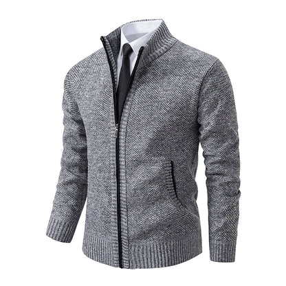 Autumn And Winter New Jersey Men's Casual Sports Coat Solid Color Stand Collar Wweater Grab Fleece Warm Zipper Cardigan - Smarsty