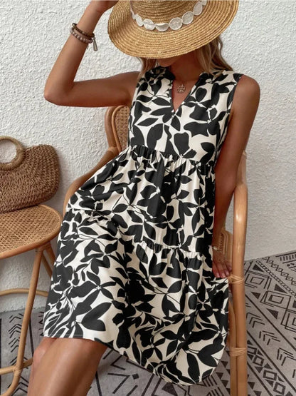 Women Boho Print Mini Dress Summer Elegant Sleeveless V Neck Ruffle A Line Tank Dress Casual Loose Oversize Beach Party Sundress - Smarsty