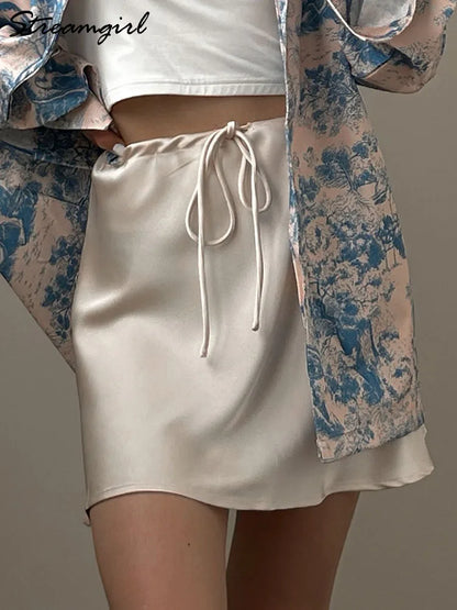 Satin Mini Skirts Women Summer Beige Silk Short Skirt For Woman Drawstring High Waist Black Satin Skirt A Line Women Short 2025 - Smarsty