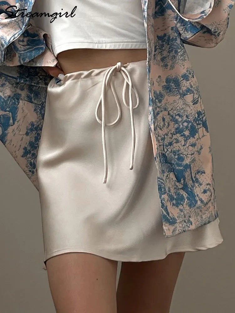 Satin Mini Skirts Women Summer Beige Silk Short Skirt For Woman Drawstring High Waist Black Satin Skirt A Line Women Short 2025 - Smarsty