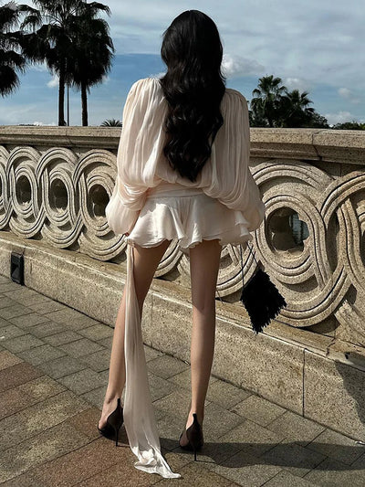 TWOTWINSTYLE Elegant Ruched Mini Dress For Women Round Neck Lantern Long Sleeve High Waist Temperament Dresses Female Fashion - Smarsty