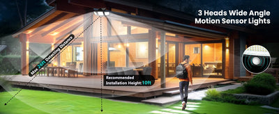 Outdoor Waterproof Solar Light with Motion Sensor 3-Head 200+ LEDs Security Light for Porches Garages Yard Entrances - Smarsty