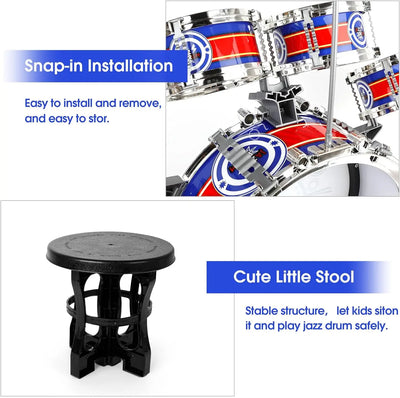 Mini Jazz Drum Set 6 Drums with Stool Musical Instruments Toy Birthday Gift for Beginners Boys Girls (with LED Light)