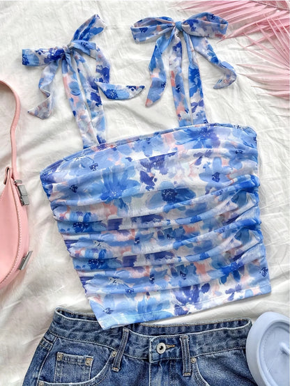 Solid Tie Shoulder Ruched Wide Strap Slim Fit Crop Top Women Clothing Summer 2025 Y2K Clothes Pink Backless Camis Top Streetwear