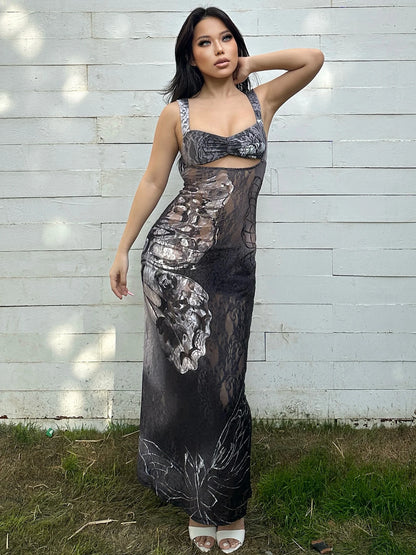 Dulzura Lace Print Cut Out Maxi Dress Bodycon Sexy Party Club Y2K Outfits Streetwear Bandage Dress Vestido Classic Prom
