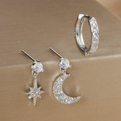 3Pc Stainless Steel Star Stud Earrings Sparkling Zircon - Smarsty