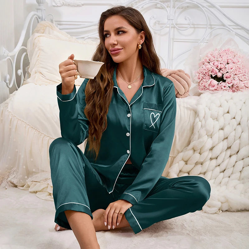 Autumn Satin Pajama for Women Heart-shaped Embroidery Sleepwear & Loungewear Long Sleeve Top & Pants Home Clothes Pyjama 2 Piece - Smarsty