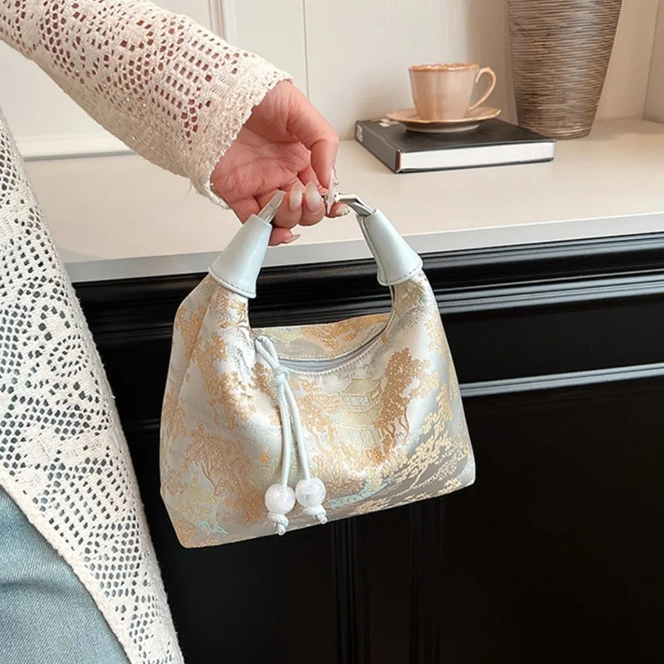 Embroidered Chinese Style Canvas Handbag With Zipper - Smarsty