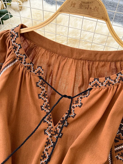 Bohemian Retro Ethnic Style Dress Women's New Spring Autumn Embroidered Lace Up Lantern Sleeves Waist Cinching Long Dress A155 - Smarsty