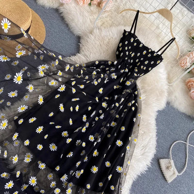 YuooMuoo Women Dress 2025 New Korean Fashion Floral Print Spaghetti Straps Mesh Party Dress Vacation Style Lady Beach Vestidos - Smarsty