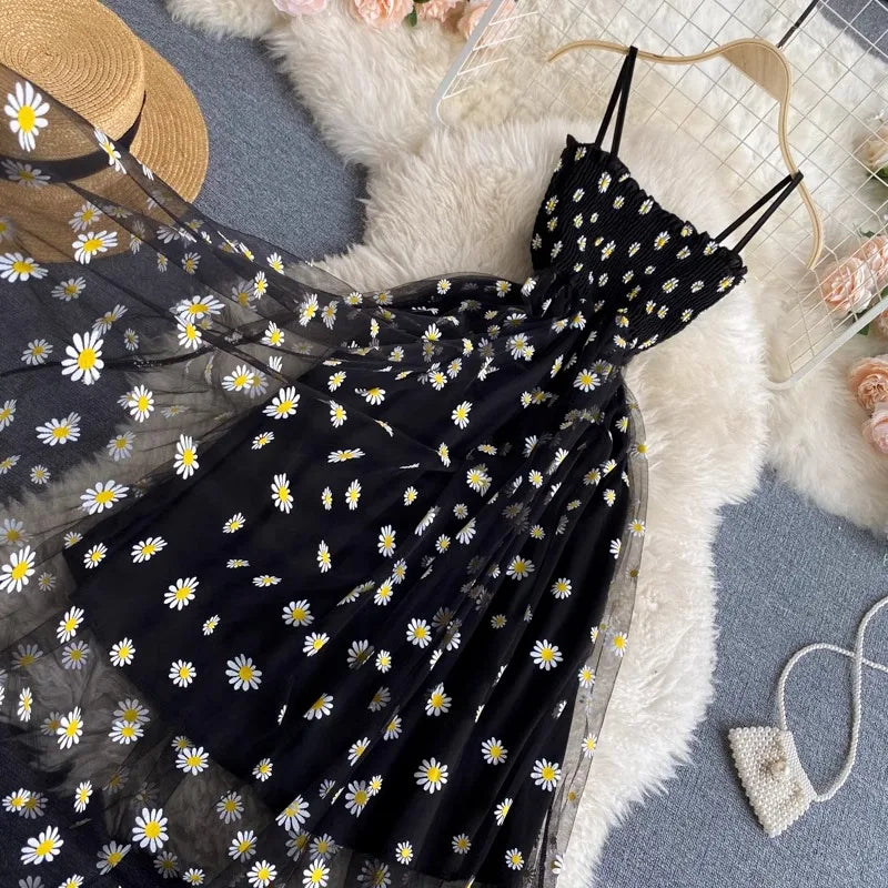 YuooMuoo Women Dress 2025 New Korean Fashion Floral Print Spaghetti Straps Mesh Party Dress Vacation Style Lady Beach Vestidos - Smarsty