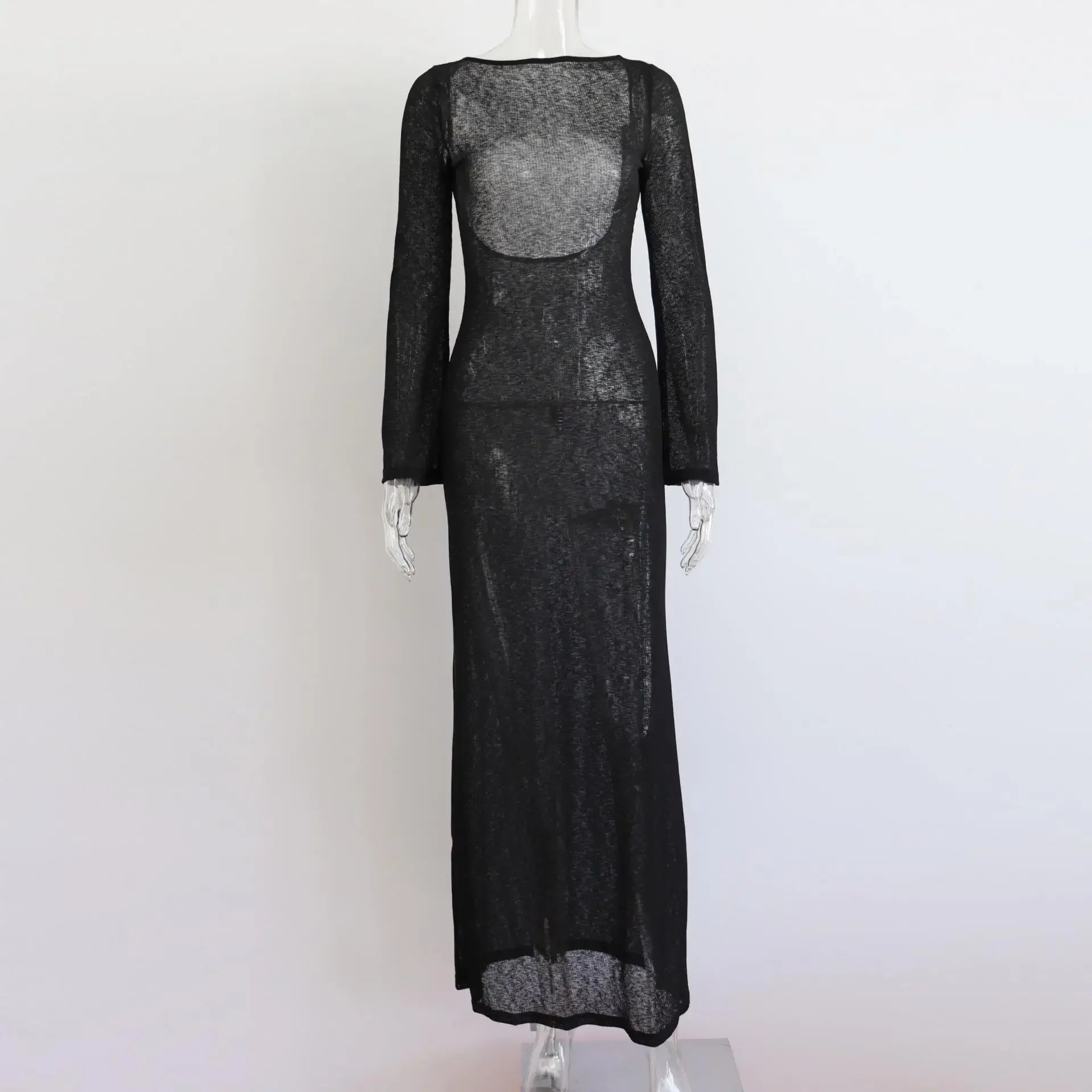 White Backless See-through Long Dress Women's Summer Slim High Waist Spliced Long Sleeve Solid Color Beach Long Dress - Smarsty