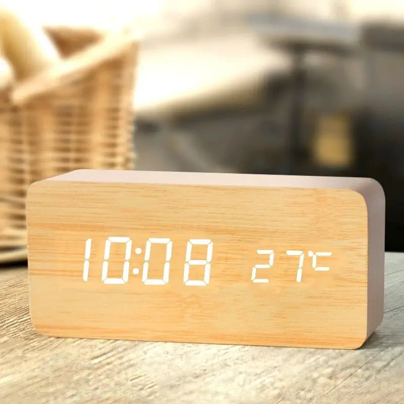 Wooden Digital Alarm Clock with Temperature Display - Smarsty