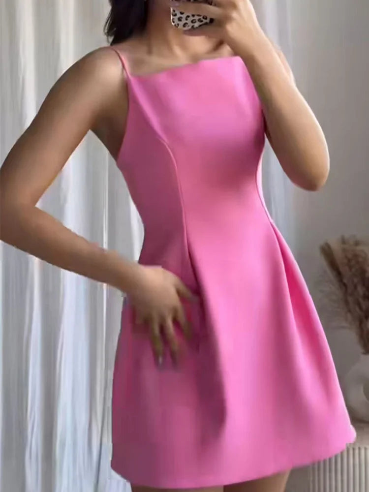 TFMLN Elegant Ladies Pink Spaghetti Strap Dress 2025 Summer New Simple Style Women Slim Short Dress Party Fashion A-Line Dress - Smarsty