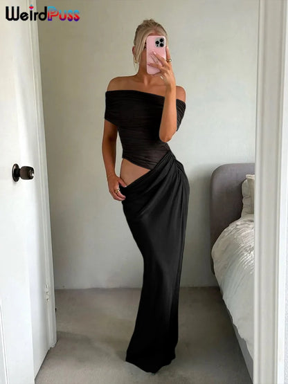 Weird Puss Ruched Irregular Dress Women Mesh Patchwork Slash Neck Short Sleeve Skinny Stretch Trend Elegant Long Bodycon Outfits - Smarsty
