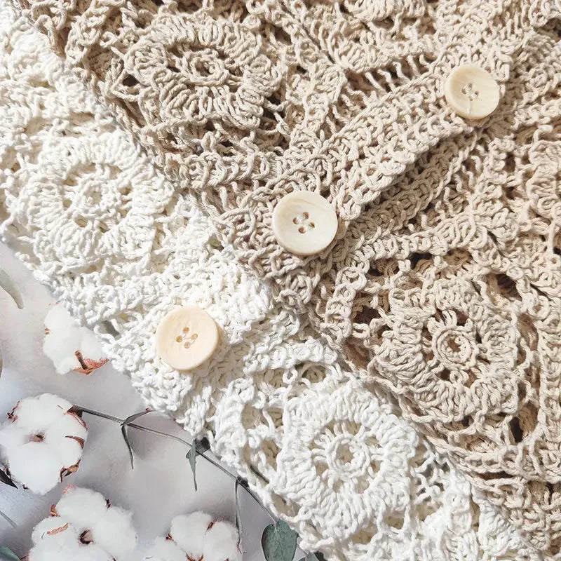 Lace Small Shawl Cotton Cardigan female 2023 spring and summer o neck long sleeve solid casual Versatile Hollow Cardigan Female - Smarsty
