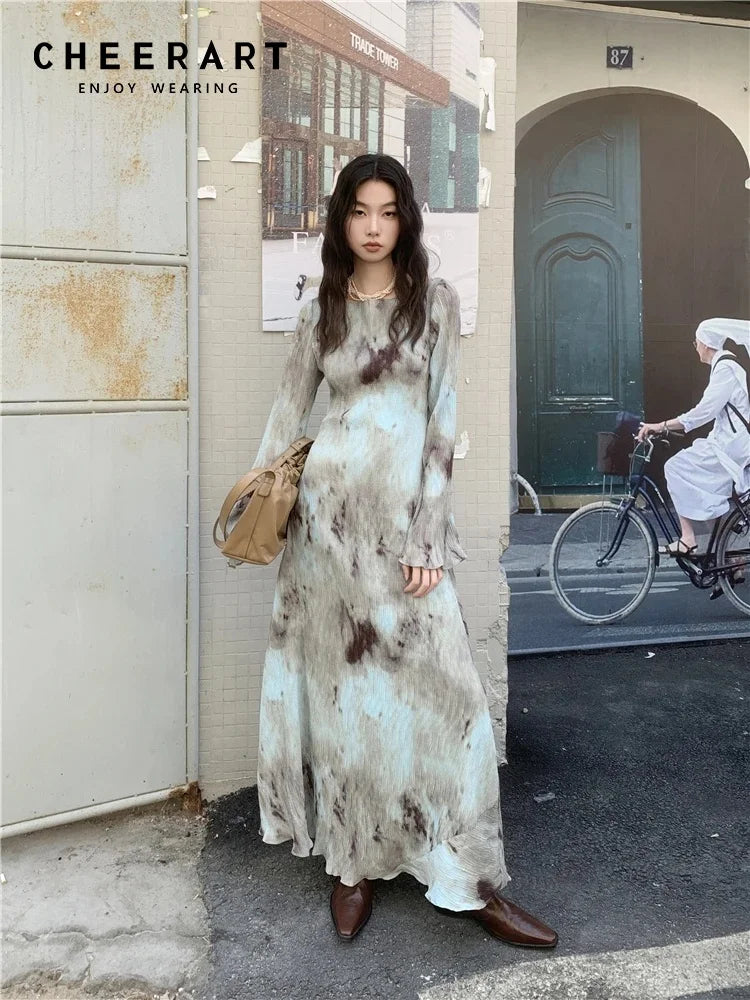 CHEERART Designer Pleate French Long Maxi Dress For Women Flare Long Sleeve Swing A Line Dress Fall Clothes - Smarsty