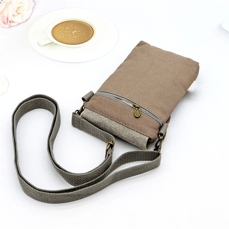 Canvas Crossbody Bag With Cell Phone Pocket And Coin Purse - Smarsty