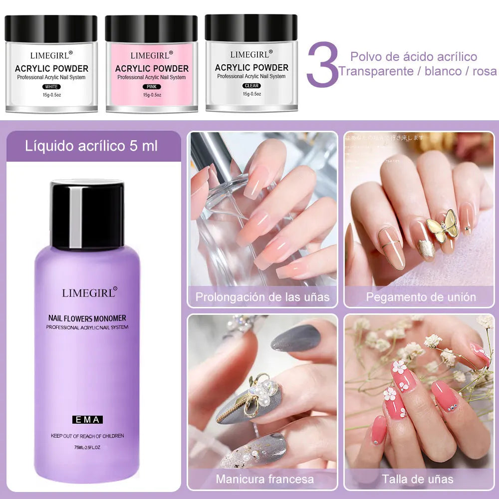 Acrylic Nail Kit for Beginners 3Color Acrylic Powder and 75ML Liquid Set Professional Nail Acrylic Set with Brushes for Home DIY