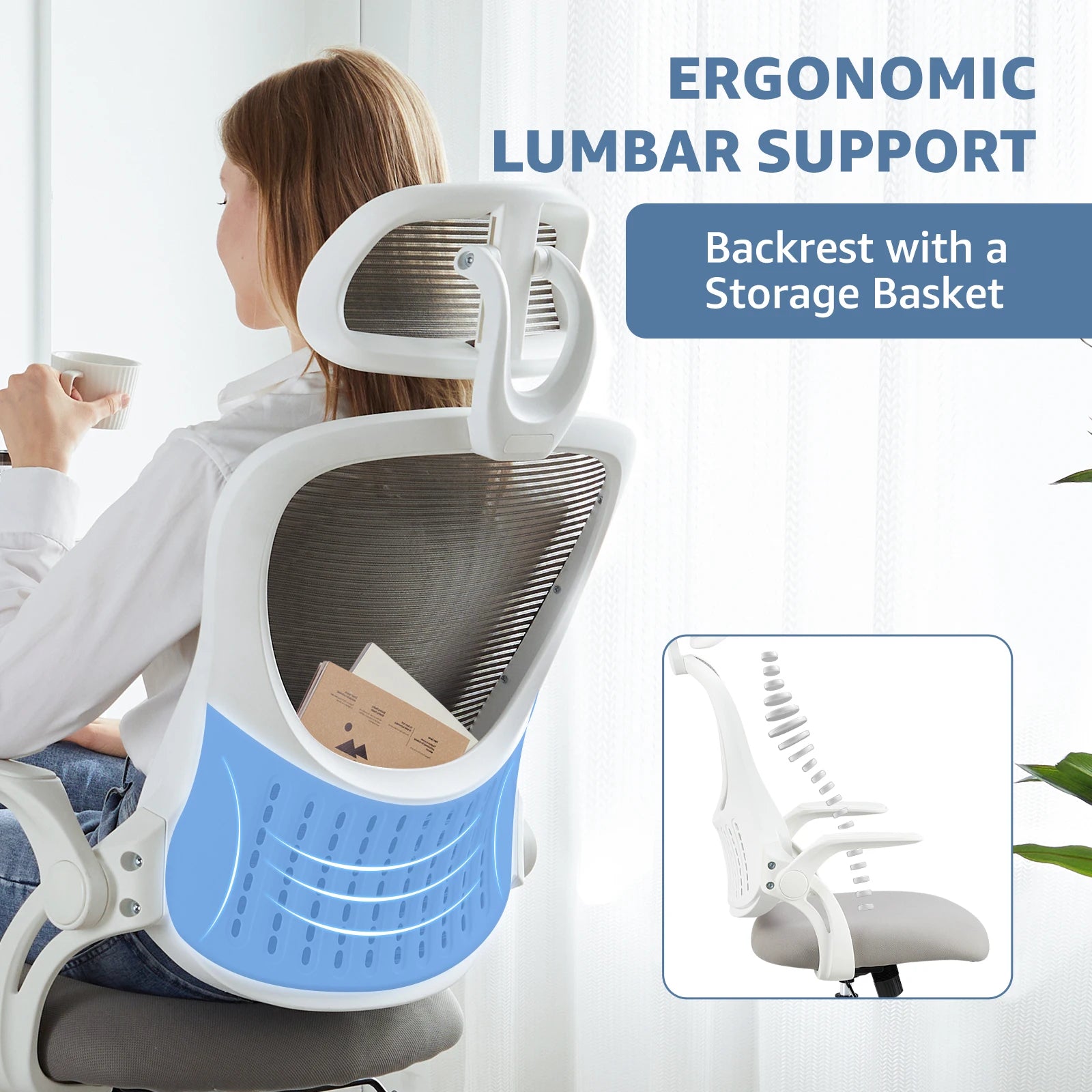 Mesh Ergonomic Office Computer Desk Chair Flip-up Arms Adjustable Headrests Comfortable Lumbar Support For Home Office - Smarsty