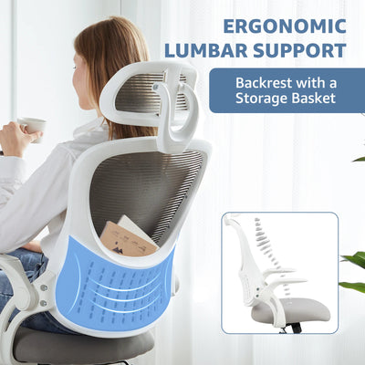 Mesh Ergonomic Office Computer Desk Chair Flip-up Arms Adjustable Headrests Comfortable Lumbar Support For Home Office - Smarsty