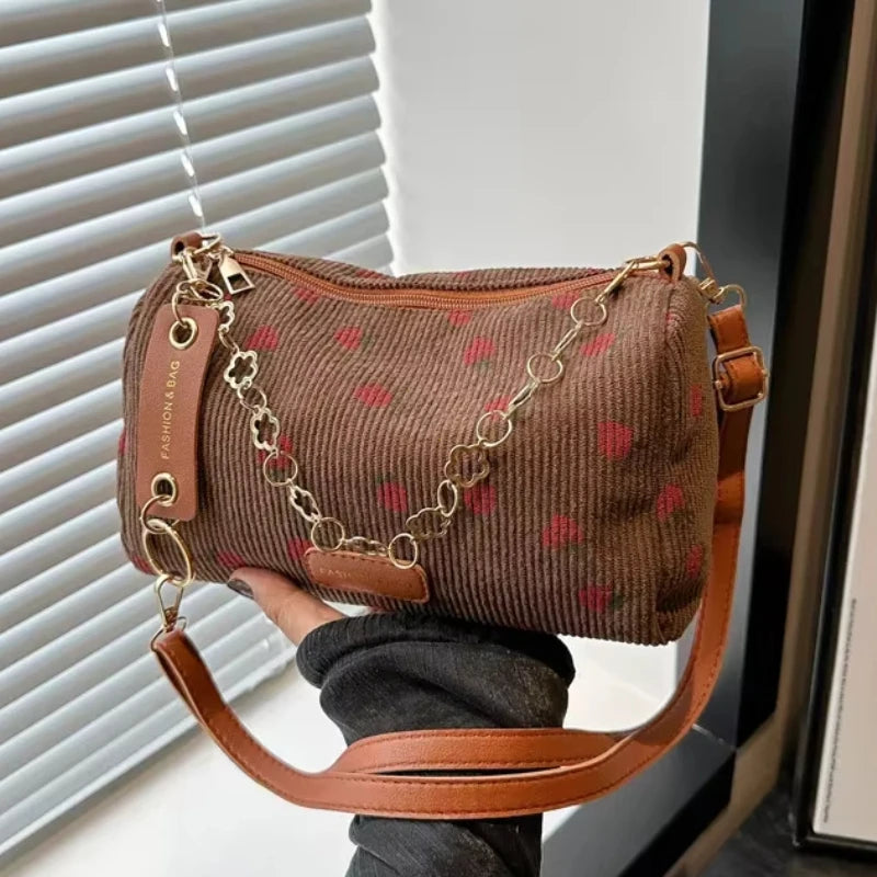 Corduroy Underarm Bag For Women Strawberry Print Mini Tote - Smarsty