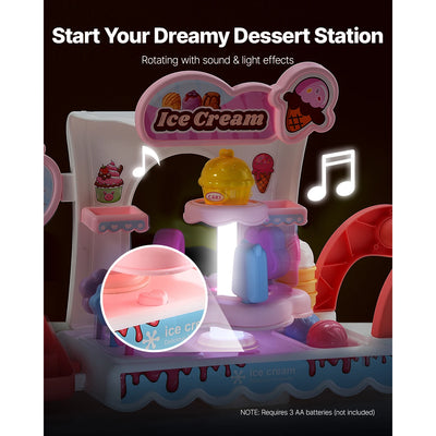 SucceBuy Pink Kids Ice Cream Cart Pretend Play Store Dolly with Sound & Light Effect Montessori Educational Toys for Children