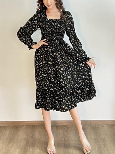 Long Sleeve Casual Dress Women Chiffon Dresses Autumn Spring A-line Printed Floral Elastic Chest Lace Up Midi Dresses Vestidos - Smarsty
