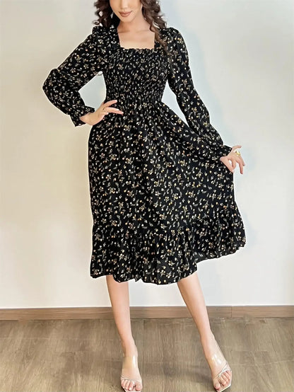 Long Sleeve Casual Dress Women Chiffon Dresses Autumn Spring A-line Printed Floral Elastic Chest Lace Up Midi Dresses Vestidos - Smarsty