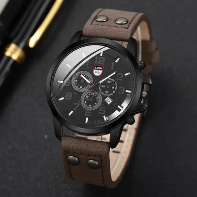 Men's Casual Leather Strap Quartz Sports Watch - Smarsty