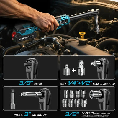 Seesii 3/8" 21V Cordless Electric Wrench 80Nm 6.3'' Extended Electric Ratchet Wrench Rechargeable Angle Wrench Car Repair Tools - Smarsty