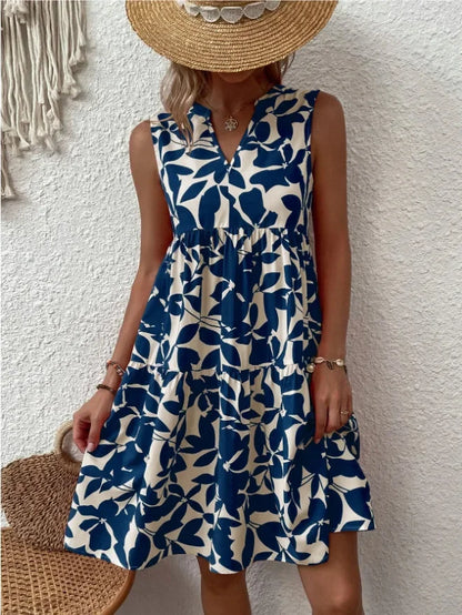 Women Boho Print Mini Dress Summer Elegant Sleeveless V Neck Ruffle A Line Tank Dress Casual Loose Oversize Beach Party Sundress - Smarsty