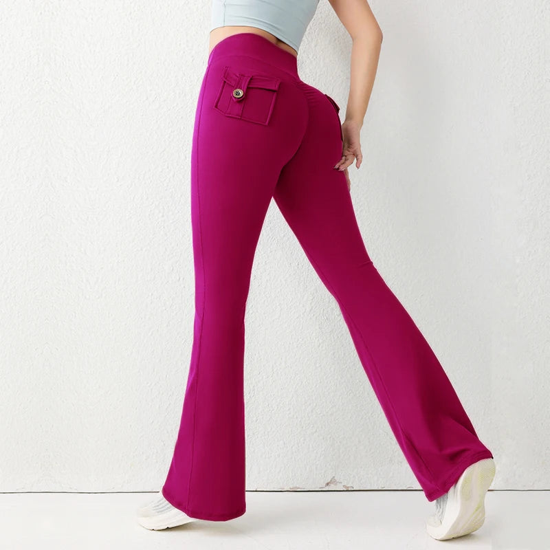 Solid Color Butt Lifting Gym Fitness Pants High Waist Flared Yoga Leggings for Women - Smarsty