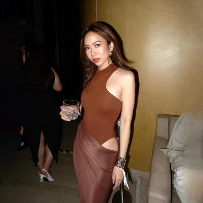 JULISSA MO Satin Sexy Hollow Out Women Maxi Dress Black Sleeveless High Waist Dress Female Autumn Skinny Elegant Party Clubwear - Smarsty