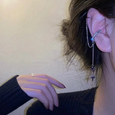 Shiny Silver Crystal Tassel Non-Piercing Ear Clip Earrings - Smarsty