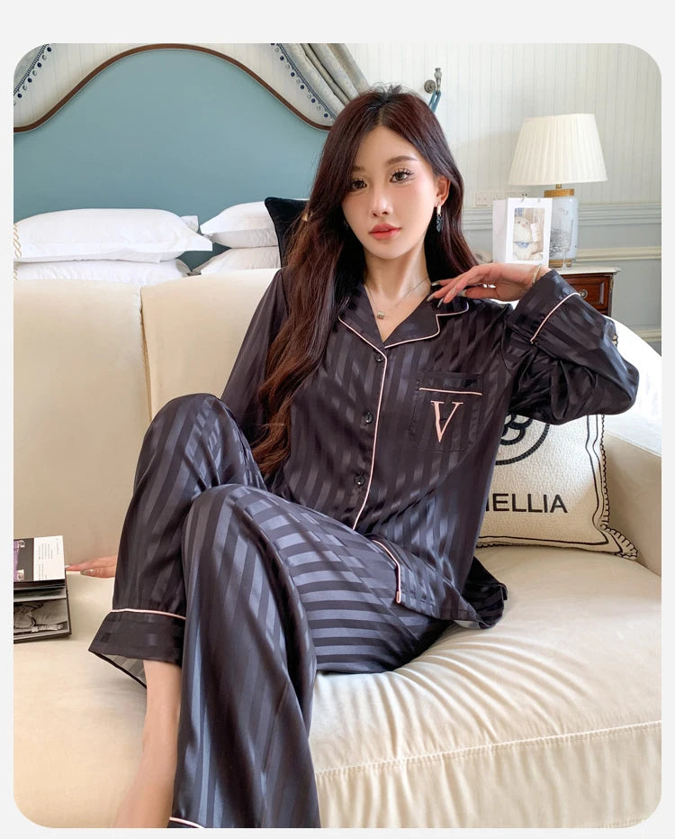 Women's Ice Silk Pajama Set Long Sleeve Long Pants Lightweight Sleepwear for Spring And Autumn Comfortable Homewear Pj Set - Smarsty