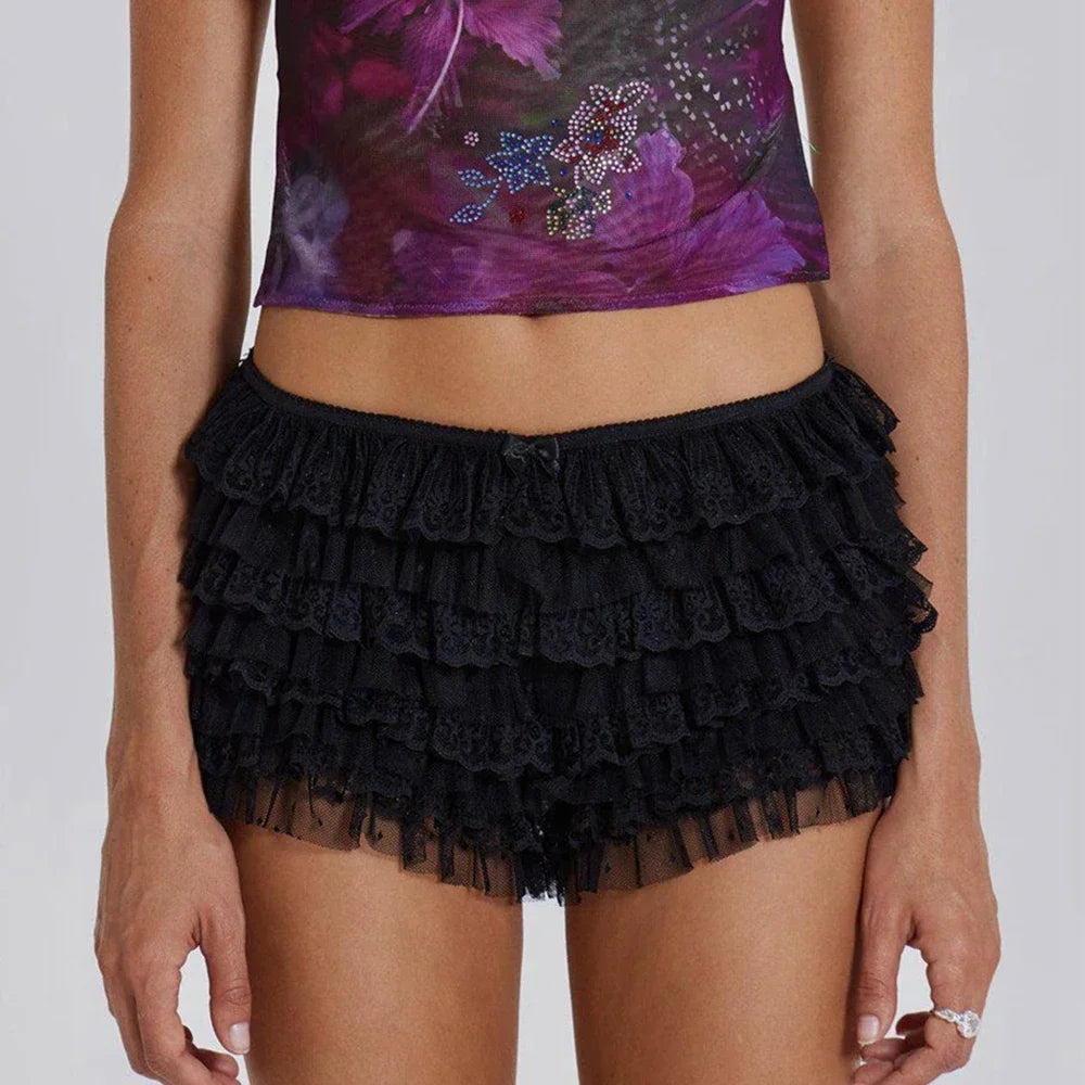 Women Mesh Lace Bloomer Shorts Y2k Layered Ruffle Frilly Booty Shorts Fairy Bowknot Sexy Boy Shorts Panties Party Clubwear - Smarsty
