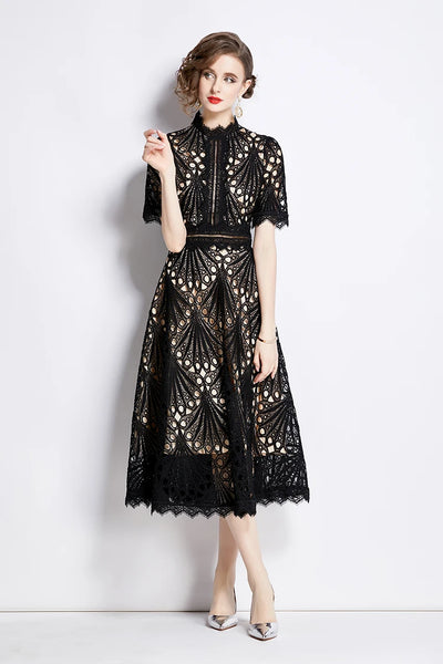 H Han Queen Spring New Elegant Casual Work Party Dresses Floral Crochet Hollow Out Lace Patchwork Casual Office Midi Dress - Smarsty