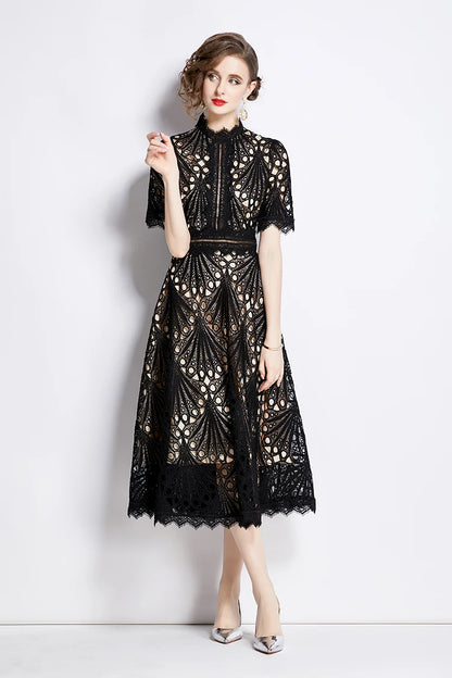 H Han Queen Spring New Elegant Casual Work Party Dresses Floral Crochet Hollow Out Lace Patchwork Casual Office Midi Dress - Smarsty