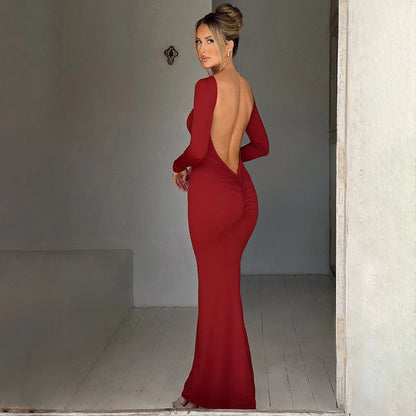 Hugcitar Spring Elegant Long Sleeve Backless Solid Cuched Sexy Bodycon Maxi Prom Dress Women Outfit Evening Party Festival Y2K - Smarsty