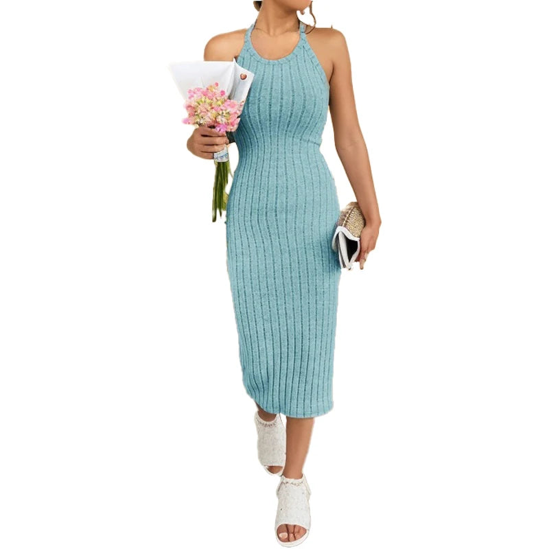Solid Halter Neck Bodycon Midi Dress High-end temperament vest halter dress women's summer new high-waist slim temperament slim - Smarsty
