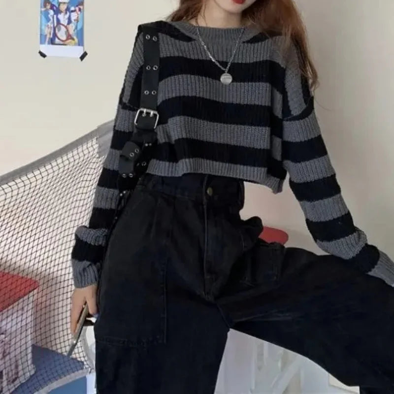 Korean Style Striped Cropped Sweater Women Vintage Oversize Knit Jumper Female Autumn Long Sleeve O-neck Pullovers Tops - Smarsty
