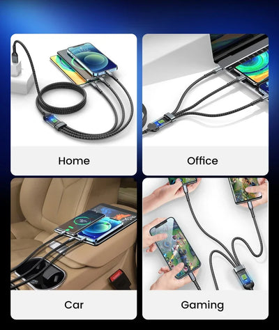 3-in-1 USB 100W 6A Fast Charger Cable Car USB To Type-C Micro LIGHTNING Cable For iPhone 16 15 14 13 Samsung Xiaomi Huawei