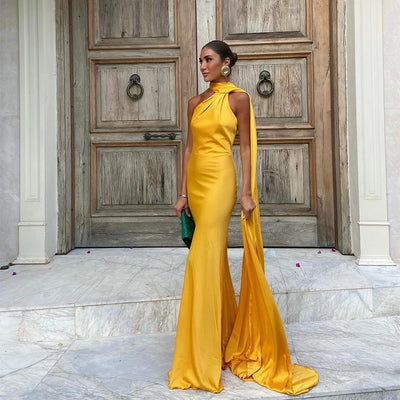 Sexy Satin Ribbon Party Dress Women Elegant Halter Backless Off Shoulder Sleeveless Female Dresses 2024 Summer Solid Robe Gown - Smarsty