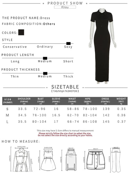Kliou Elegant Office Lady Maxi Dress Women Solid Fashion Turn-down Collar Short Sleeve Button Side Slit Body-Shaping Street Robe - Smarsty