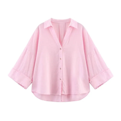 HipSeam Wide Sleeved Shirt Women Spring Asymmetric Hem Button Women's Shirts Simple Lady Johnny Collar Linen Shirts & Blouses - Smarsty