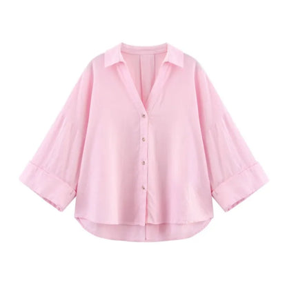 HipSeam Wide Sleeved Shirt Women Spring Asymmetric Hem Button Women's Shirts Simple Lady Johnny Collar Linen Shirts & Blouses - Smarsty