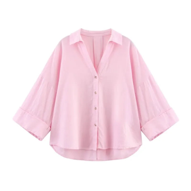 HipSeam Wide Sleeved Shirt Women Spring Asymmetric Hem Button Women's Shirts Simple Lady Johnny Collar Linen Shirts & Blouses - Smarsty