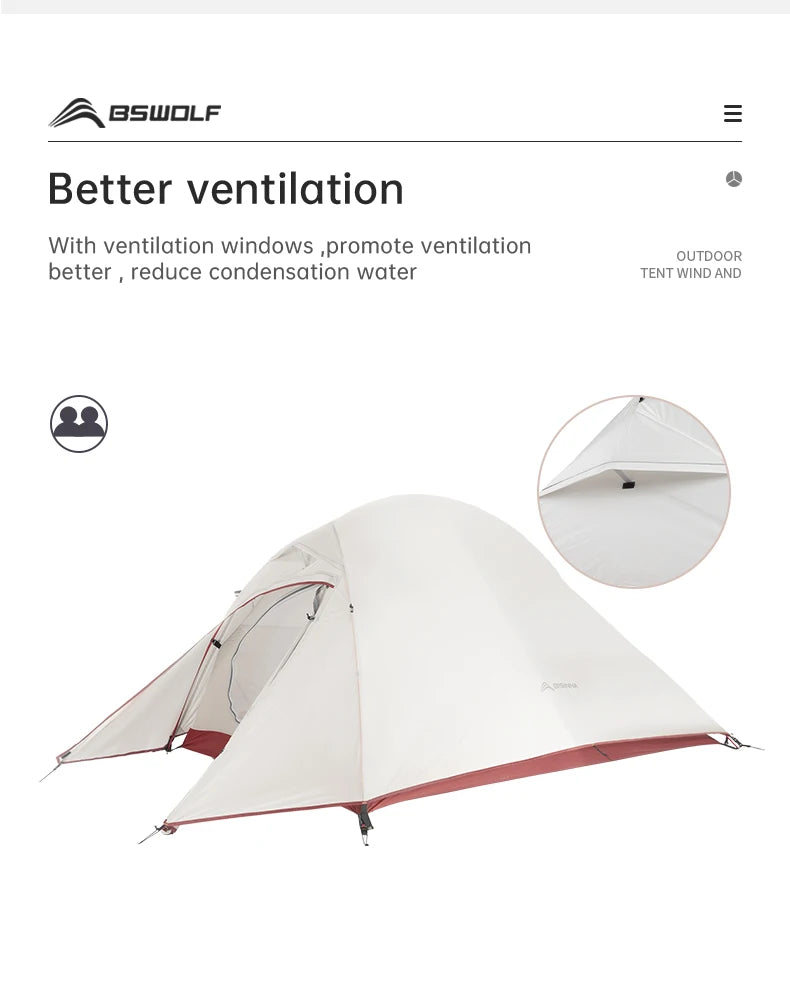 BISINNA Ultralight Camping Tent Backpack Tent 20D Nylon Waterproof Outdoor Hiking Travel Tent Cycling Tent 1-2 Person